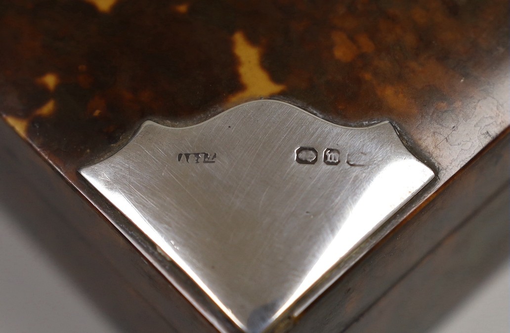 A late Victorian silver mounted tortoiseshell rectangular 'Cigarettes' box, A & J Zimmerman, Birmingham, 1896, 15.2cm.